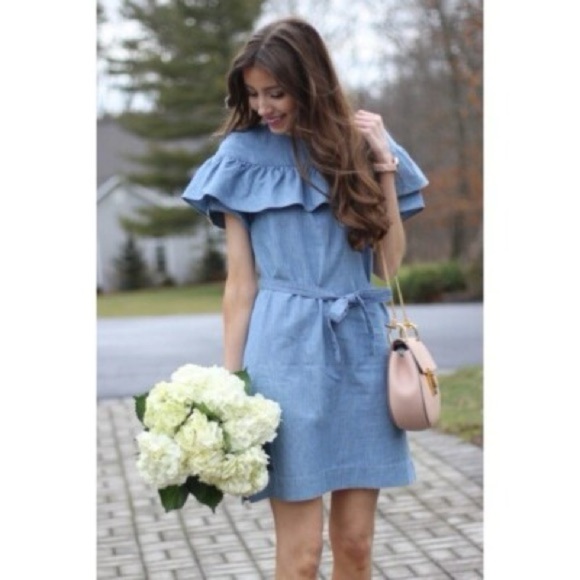 J. Crew Blue Denim Ruffle Dress - Picture 1 of 6